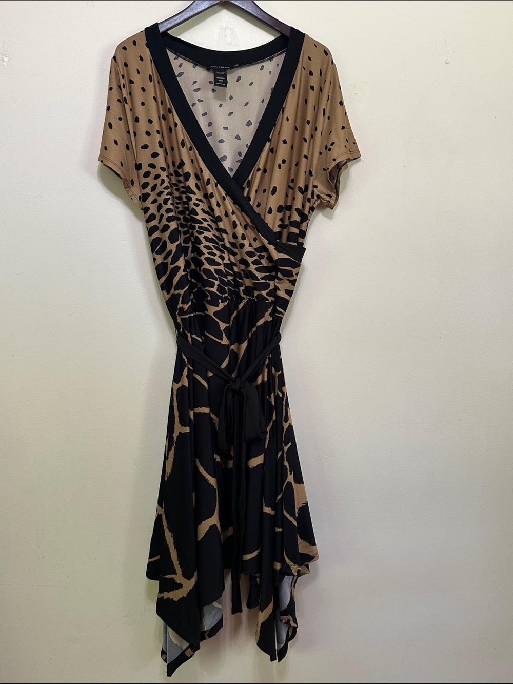 Ashley Stewart Black and Tan Animal Print Asymmetrical Wrap Dress